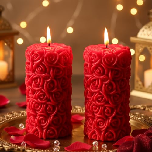 Image of Scented Candles For Home Decor, Rose Fragrance, Pillar Shape, Red Color, Set Of 2, 5.5 X 10.5 Cm - Wax