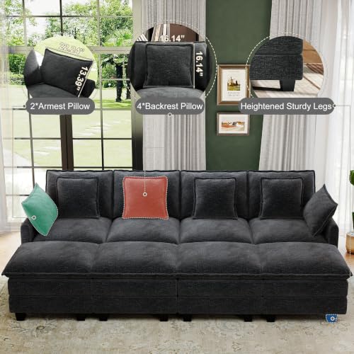 Image of 107 inch Cloud Couch Sectional Modular Sofa, Deep Seat Couches with Ottoman and Removable Washable Pillows for Living Room, Bedroom, Apartment, Black