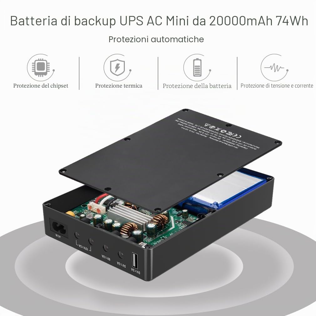 Mini UPS Gruppo di Continuità per Router, Modem, Camera con Ingresso AC Uscita USB 5V DC 5V 9V 12V 3A (74Wh)