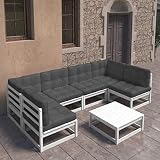 vidaXL Muebles de Jardín 7 Piezas y Cojines Mobiliario Exterior Patio Terraza Hogar Sofá Silla Mesa Asiento Suave Robusto Blanco Madera Maciza Pino