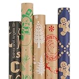 WRAP STORM Geschenkpapier Weihnachten – 5 Rollen (43cm x 3m) – Vintage Kraft, Blau, Rot & Schwarz mit Lebkuchen, Weihnachtsmann & Festlichen Schriftzügen