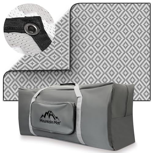 Mountain Mat Premium Outdoor RV Patio mat Sizes 8' x 12', 8' x 16', 8' x 20', Made from 100% Recycled Plastic for Tents, Decks, Campers, and Beach – with Durable Carry Bag (8x12, Grey Diamond)