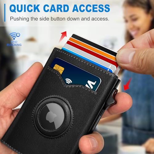 Image of miyozi Airtag Wallet for Men,with Cash Pocket 2 ID Window 9-12 Cards,Metal Case Smart Slim Pop Up Credit Card Holder Flip with Magnetic Closure RFID Blocking Trifold wallet with Gift Box
