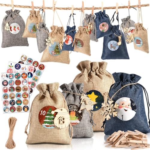 Alintor Adventskalender zum Befüllen Groß, 24 Adventskalender zum Befüllen Stoff mit Holzetikett, Weihnachtskalender Zum Befüllen, Jutesäckchen adventskalender säckchen