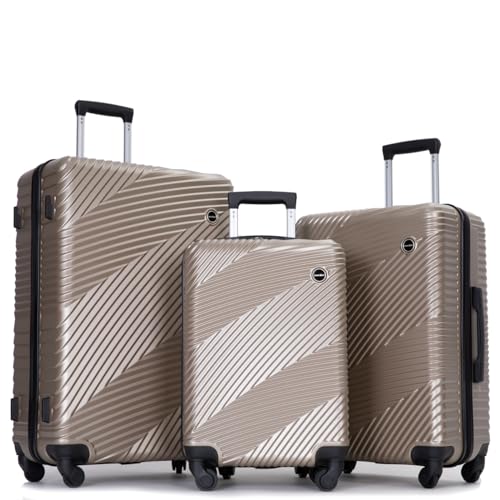 3 Piece Luggage Sets Pc+Abs Lightweight Suitcase With Two Hooks, Spinner Wheels, (20/24/28) Gold