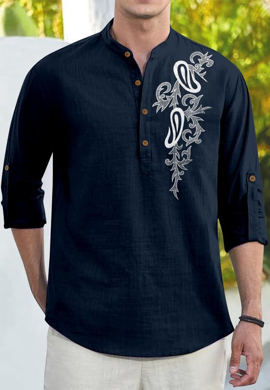 Image of Men's Printed Cotton Blend Short Kurta | Regular Fit Casual Kurta Shirt for Men with Mandarin Collar | Ethnic