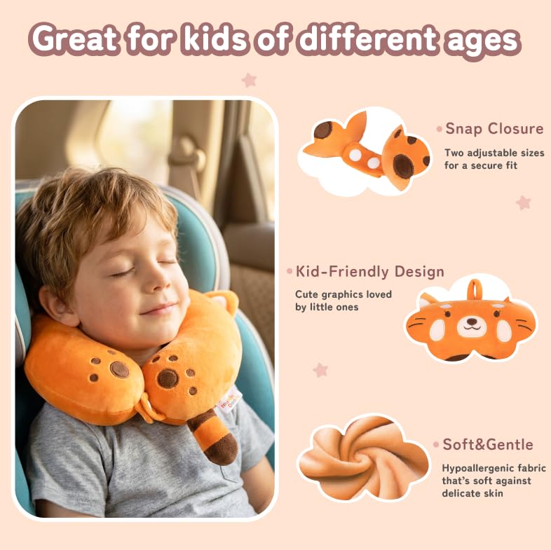 Image of Kids Travel Neck Pillow for Ages 3-8 with Memory Foam, Red Panda | Removable cover, 13 in neck size, machine washable, hidden zipper, head and chin support, car seat and airplane use