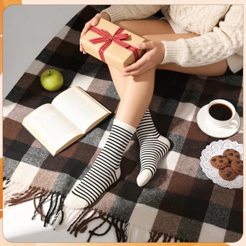 Image of Jspupifip 6 Pairs Womens Strip Crew Socks Cute College Style Ribbed Socks | Combed Cotton, Elastic Ribbed, Retro Stripe, for Work, Commuting, Shopping, Dating, Birthday, Sports, Home, Office