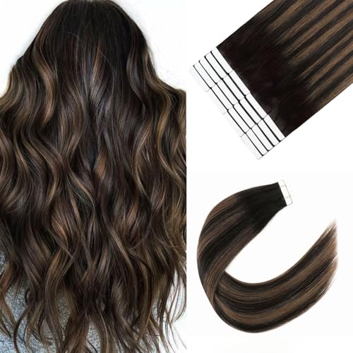 Image of Sixstarhair Brown Tape In Hair Extensions Human Hair Chocolate Brown Highlighted Caramel Blonde Tape In Extensions Brown Balayage Tape Hair Extensions Human Hair 50g 20pcs [P2 /6 /2 20inch]