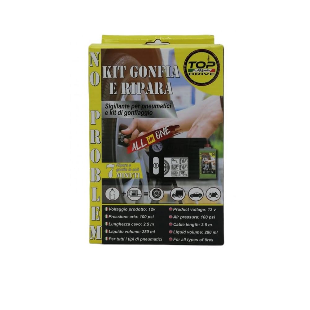 KIT GONFIA E RIPARA GOMME PER AUTO MOTO SCOOTER BICI QUAD COMPATIBILE CON P IAGGIO MP3 300 SPORT RIPARAZIONE PNEUMATICI PORTATILE EMERGENZA STRADALE SOLUZIONE CON 1 FLACONE DA 280ML
