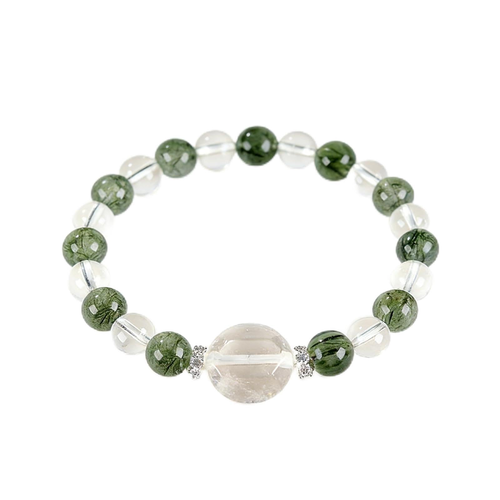 Braccialetto elastico in quarzo naturale trasparente e quarzo rutilato verde, per uomini e donne, Feng Shui ricchezza perline di cristallo elastico per prosperità e buona fortuna