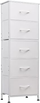 WLIVE White Chest of Drawers, 5 Fabric Drawers Tall Narrow Dresser Bedroom | Easy Pull Handle, Wood Top and Sturdy Steel Frame, Slim Storage Unit for Living Room, Easy to Assemble, Adjustable Feet