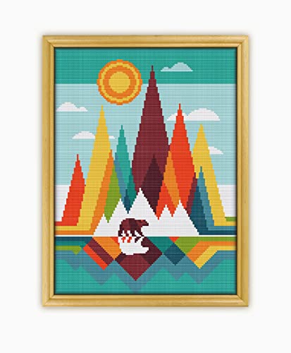 Mountain Landscape CS495-2 - Counted Cross Stitch KIT#2. Set of Threads, Needles, AIDA Fabric, Needle Threader, Embroidery Clippers and Printed Color Pattern Inside.