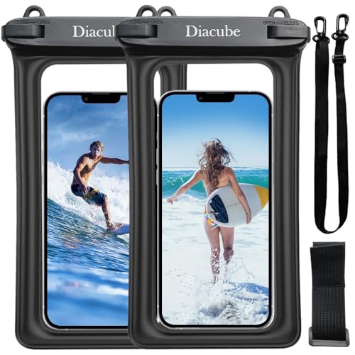 Diacube 2-Pack Waterproof Phone Pouch, Universal IPX8 Floating Waterproof Case with Adjustable Lanyard for All Phones [Up to 8.3'] Beach, Waterpark & Travel Essentials - Black
