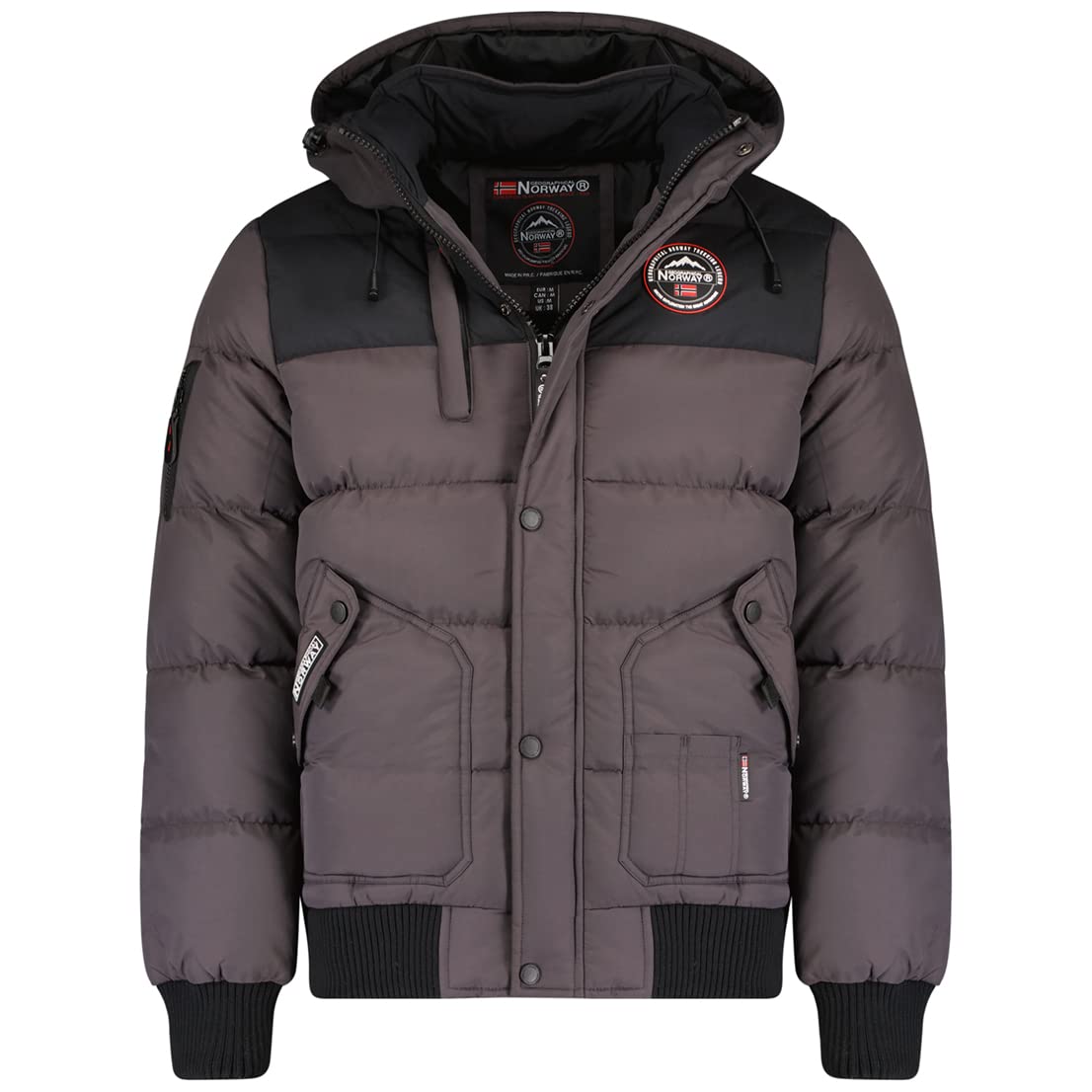 Geographical Norway Valon & Vance męska kurtka zimowa, płaszcz pikowany, ciepło, izolujący, oddychający, odpinany kaptur, Vance - Grey, S