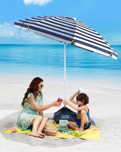 Image of OutdoorMaster Beach Umbrellas for Sand with Sandbag & Anchor, 6.5ft Adjustable Umbrella for Beach Heavy Duty Wind, Portable UPF50+ Sunshade with Carry Bag for Patio, Navy Striped
