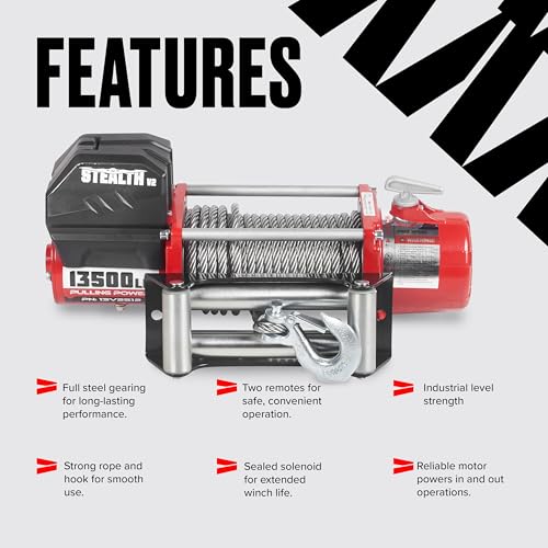 Stealth Winches 13500lb Truck Winch 12V Electric Winch with 2 Wireless remotes and Steel Rope, Perfect for SUV Towing Trailer Winch, Hook, Weatherproof, with Roller Fairlead, Heavy Duty