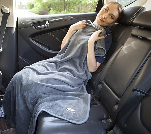 Image of BlueHills Premium Soft Long Travel Blanket Pillow for Tall Airplane Flight Blanket Throw in Soft Bag case with Hand Luggage Belt & Backpack Clip Compact Pack Large Blanket Grey Gray T052