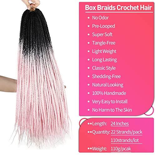 24 Inch Box Braids Crochet Hair 5Packs Pink Crochet Braids Hair Pre-Looped Crochet Box Braids Synthetic Braiding Hair Extensions 22Strands/Pack (Pink, 24Inch) #TOP2