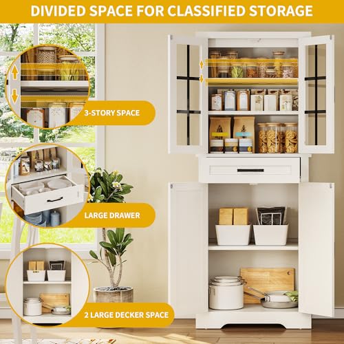 DWVO Farmhouse Kitchen Pantry Cabinet, 71" Tall Storage Cabinet with Adjustable Shelves & Glass Doors, Freestanding Kitchen Cupboard for Dining Room, Living Room, White Oak