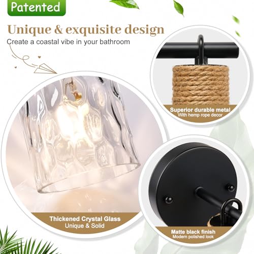 Image of MOKATNG Set of 2 Wall Sconces for Bathroom, Coastal Modern Vanity Lights with Crystal Glass Shade, Black Bathroom Wall Lamp for Mirror Kitchen Living Room Hallway Cabinet Porch