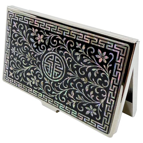 Image of Mother of Pearl Business Card Case Credit Id Name Holder Travel Wallet Art Painting Design Metal Stainless Steel Engraved Slim Purse Pocket Cash Money Wallet (N Arabesque)