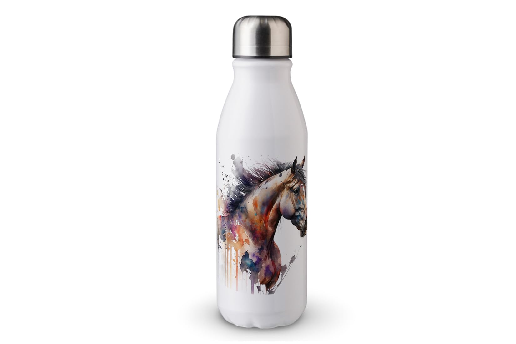 MAXIKIWI - Single Wall Water Drinking Bottle with Screw Cap, Non Insulated Lightweight Aluminium, BPA Free, Leak-Proof - Horse Watercolor - 500ml