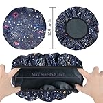Navy Astral Print Satin Shower Cap, Three-Layer Terry Cloth Lined, with Silk Hair Ties, Microfiber Waterproof Reusable Large Size Shower Cap for Women Long Thick Hair - Image 2