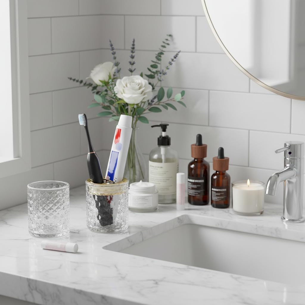 2 soportes para cepillos de dientes para baños, soporte de cepillo de dientes de vidrio y vaso de baño, soporte para cepillo de dientes y pasta de dientes con divisor, soporte para cepillo de