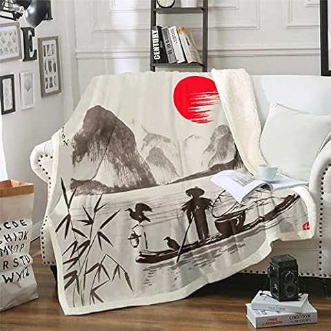 Chinese Style Sherpa Blanket with Bamboo Pattern Cover