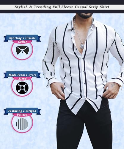 Image of MiraMichi Men's Striped Slim Fit Lycra Shirt | Full Sleeve Stretchable Shirt | Trendy Black and White Vertical Stripes for Casual