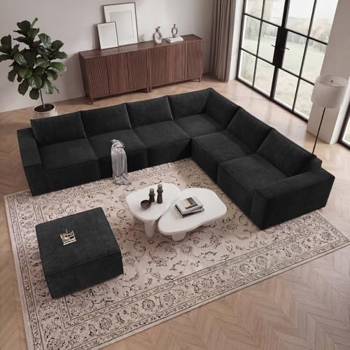 Image of Vesgantti 143.7 inch Boneless Couch for Living Room, 6 Seater Modular Sectional Sofa with Ottoman & Deep Seat, Convertible Chenille Oversized Cloud Couches, No Assembly Required, Black