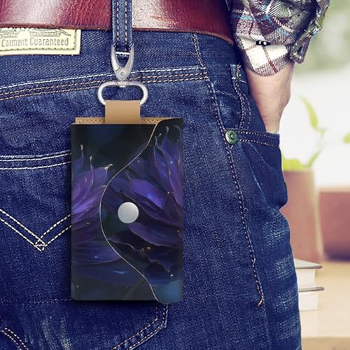 Elegant Dark Purple Flower Key Holder Bag PU Leather ID Card Holder Keychains Case Cover for Men Women4