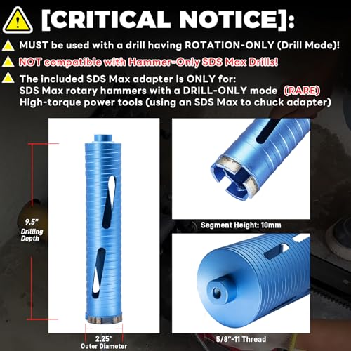 Image of 2 1 /4 inch Dry Core Drill Bit, 5 /8 inch-11 Thread, with 3 Adapters Included: SDS Plus, SDS Max and 1 /2 inch Hex Shank; 9.5 inch Drilling Depth Diamond Core Bits for Brick, Block, Concrete, Stucco and Masonry