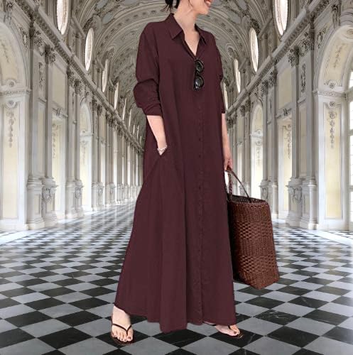 Women's Summer Classic Vintage Button Shirt Dress Seven Sleeve Side Pocket Solid Color Maxi Long Dresses3