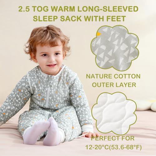 Image of Super Soft Removable Long Sleeve 2.5 TOG Sleep Sack with Legs, 100% Cotton Winter Toddler Sleeping Sack with Feet, Graphic, Size M