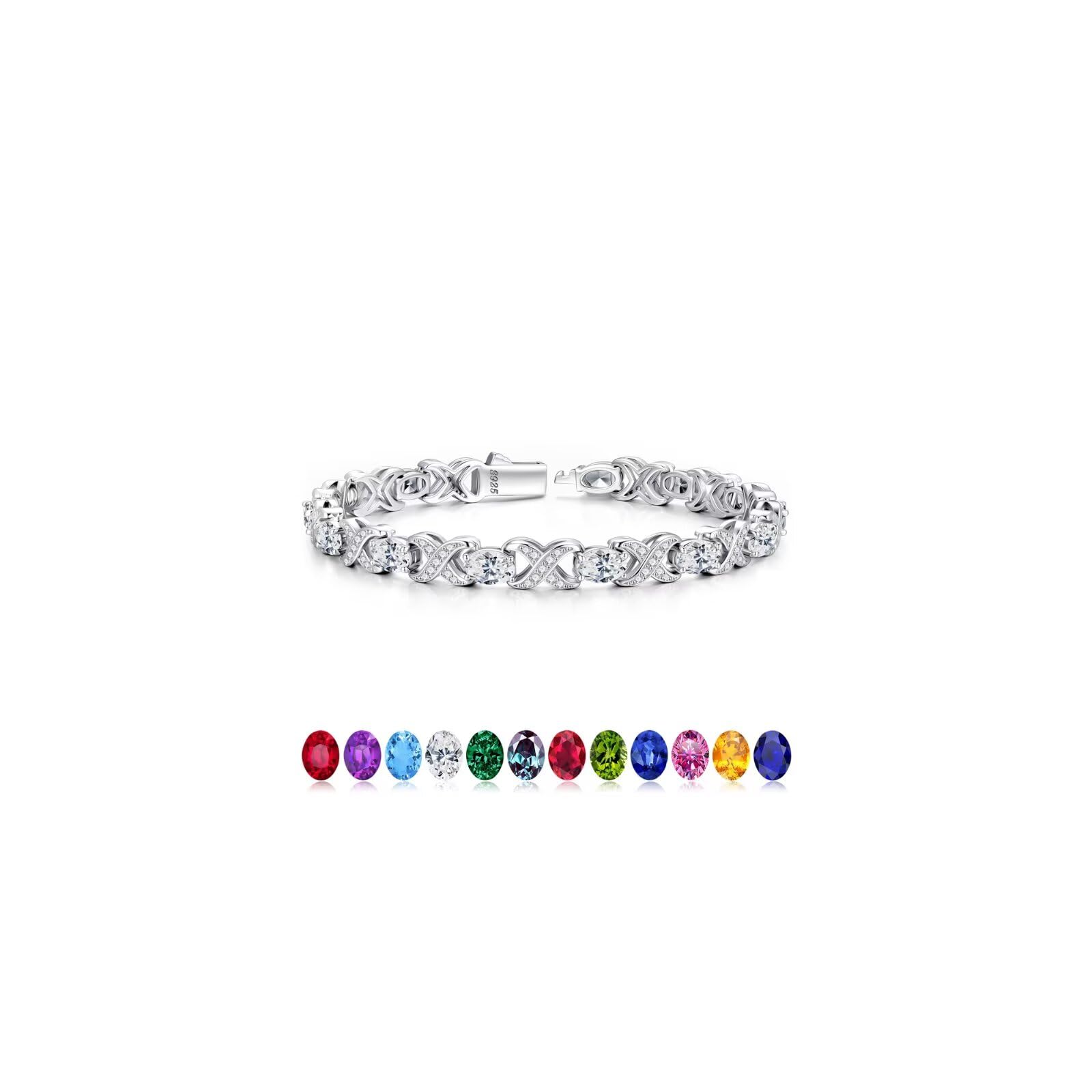 Iefil Tennis Bracelets for Women, Oval Birthstone Tennis Bracelets for Wife Unique X O Design Fine Jewelry Anniversary Birthday Gifts 925 Sterling