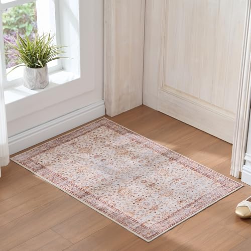 Vintage 2x3 Washable Area Rug, Low-Profile Entryway Rug with Non-Slip Backing & Durable Edge Binding, Pet-Friendly Doormat, Small Rug for Entryway, Kitchen, Living Room