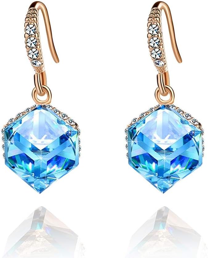 Austrian Crystal Cube Drop Dangle Earrings for Women 14K Gold Plated Hypoallergenic Jewelry