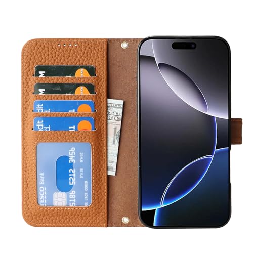 Coque iPhone 16 Pro Max etui portefeuille cuir véritable marron housse protection magnetique - 3