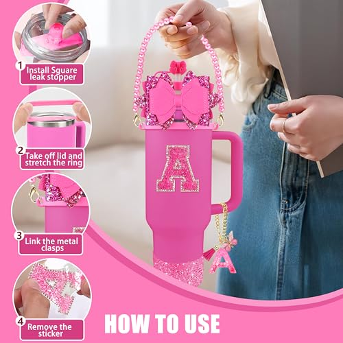 Hpebl 9PCS Hot Pink for Stanley Cup Accessories Set Bling Initials Bow Charms for Stanley Decorations 30/40 Oz Tumbler Accessories Including Bow Straw Topper, Handle Strap, Spill Stopper（Letter A） - image 5