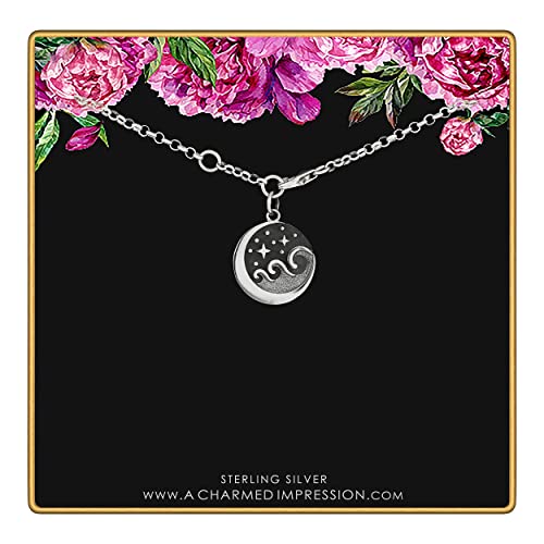 Sterling Silver Starry Night Ocean Waves Bracelet • Moonlight on The Sea • Stars Waves Moon Charm Bracelet • 6.5-7.25 Inch Adjustable Length • Handmade Jewelry Gift for Women/Girls