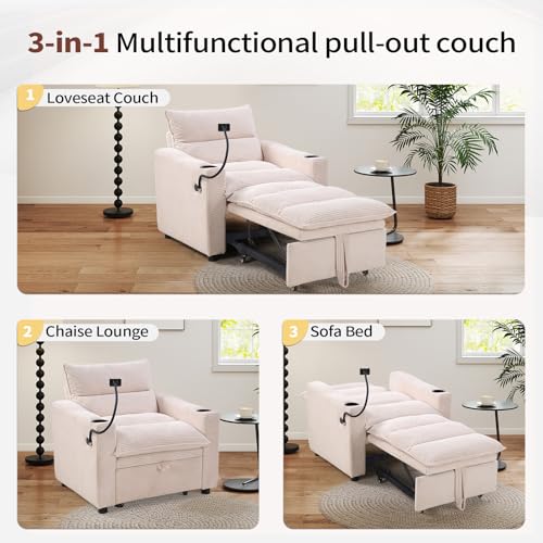 Image of HAOMARKETS Corduroy Sleeper Sofa Bed with Cup Holders, 3-in-1 Convertible Pullout Futon Couch with Phone Holder&USB Charge Port, Single Armchair with 3-Level Adjustable Backrest for Apartment