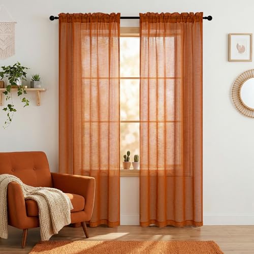Mrs.Naturall Burnt Orange Sheer Curtains 84 Inch Length for Bedroom 2 Panels, 70s Retro Hippie Rod Pocket Bohemian Light Filtering Semi Sheer Boho Curtains for Living Room 84 Inches Long, Pumpkin