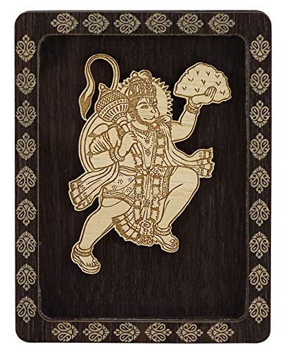 Indianbeautifulart Decorative Lord Hanuman Car Dashboard Office Table Decor Double Sided Tape Wooden Frame