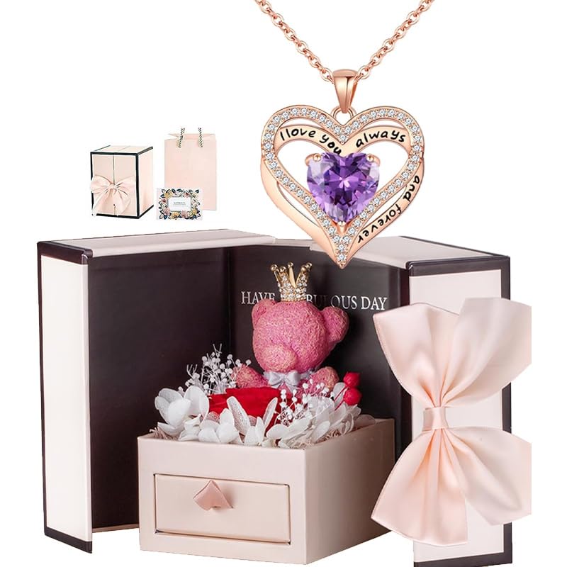 Generic Birthday Gift for Her, Preserved Rose Gift Box, Cute Moss Bear for Wife Girlfriend on Birthday Anniversary Mothers Day Christmas (Red box+