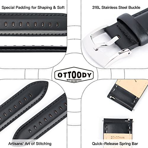 Image of OTTOODY Leather Watch Bands Quick Release, Elegant Top Grain Leather Watch Straps for Men & Women, Choice of Color & Width - 18mm, 19mm, 20mm, 21mm or 22mm Wristbands Bracelet for Watch & Smartwatch