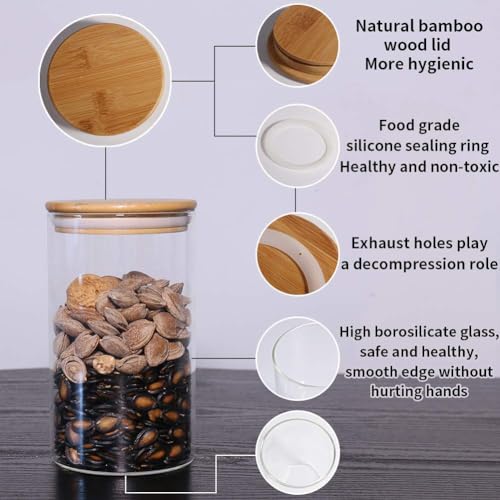Image of CAKETIME Spice Jars with Airtight Bamboo Lid [Round, Pack Of 12, 320ml] - Glass Spice Bottles, Seasoning Containers for Salt, Sugar, Coffee Beans - Set of 12 Jars with Wooden Lids