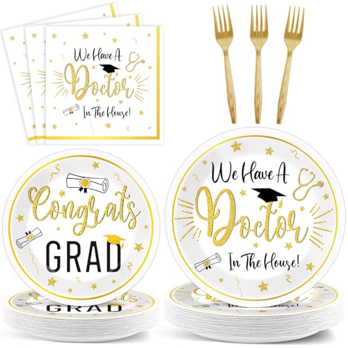 96Pcs Doctor Graduation Party Supplies We Have A Doctor in The House Paper Plates and Napkins Nurse Congrats Gad Tableware Disposable Dessert Dinnerware for PHD Medical School Grad Decor for 24 Guests