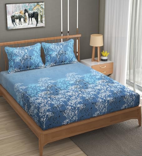 Image of Mafatlal 186 TC Cotton Bedsheet for King Size Bed | 108 x 108 Inches | Cooling Breathable Summer Bedding | Soft Durable Fabric with 2 Pillow Covers| Autumn Delight | Moonlit Blue